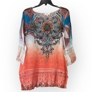 Cover Charge-Swimsuit Coverup-Lace & Fringe on sleeves & hem-EUC-Sz Small